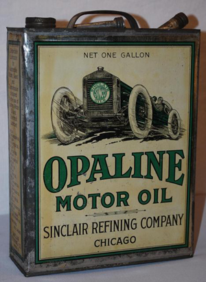 Sinclair Opaline Motor Oil 1-gallon flat metal can with race car graphic, rated 8.5, $3,300. Image courtesy of Matthews Auctions LLC.